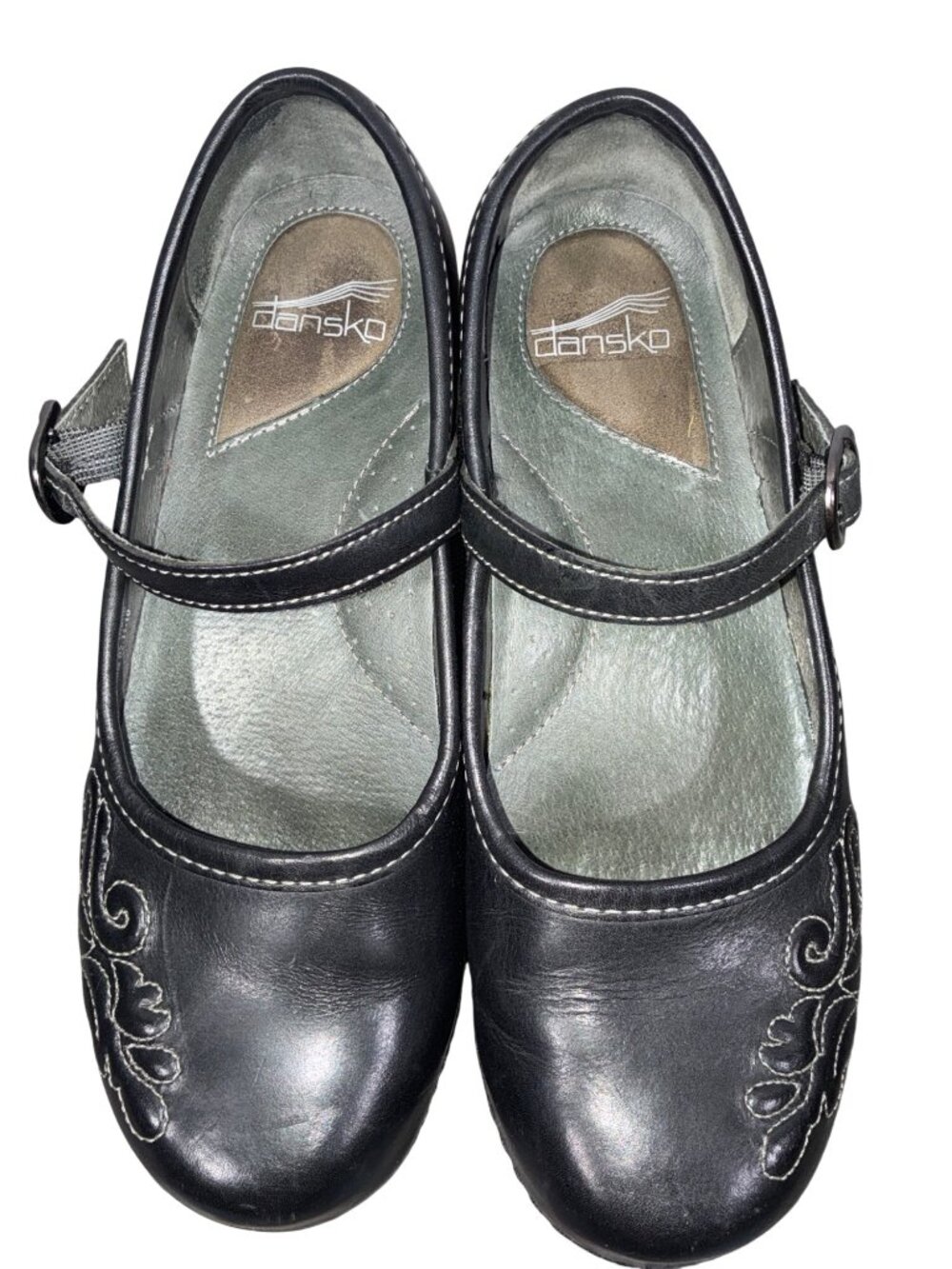 Dansko 2010 vintage Womens Black Leather Mary Jane Shoes Embroidered Floral 39